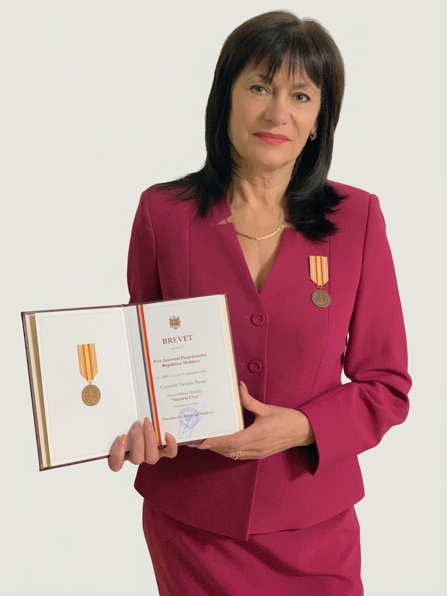 Tamara Pasat ținând brevetul Medaliei „Meritul Civic”, conferită prin Decret al Președintelui Republicii Moldova în 2020